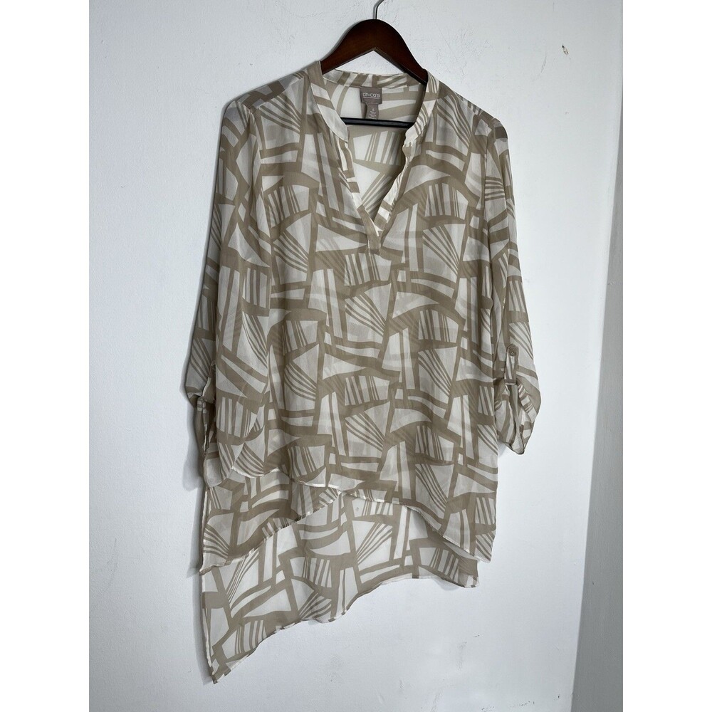 Chico's Layers Geometric Roll Tab 3/4 Sleeve Button Down Sheer 2 L (13)